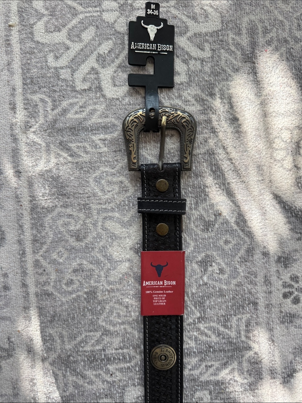 Men's Black Leather Belt with Decorative Buckle AMERICAN BISON Shotgun Shell
